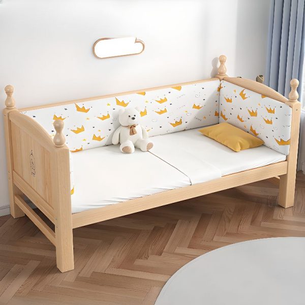 "Unfinished Color Simple Timber Standard Children Bed with Cotton Upholstery, Coir Mattress, Gender Neutral, and Guardrail"