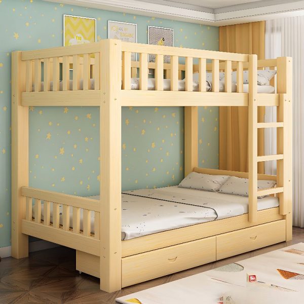 "Unfinished Color Pine Wood Simple Children Bunk Bed with Coir Mattress, Ladder & Gender Neutral Guardrails"