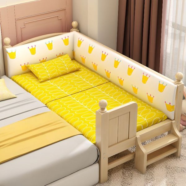 "Unfinished Color Simple Timber Panel Kids Bed with Latex Mattress & Detachable Guardrails for Gender Neutral Use"