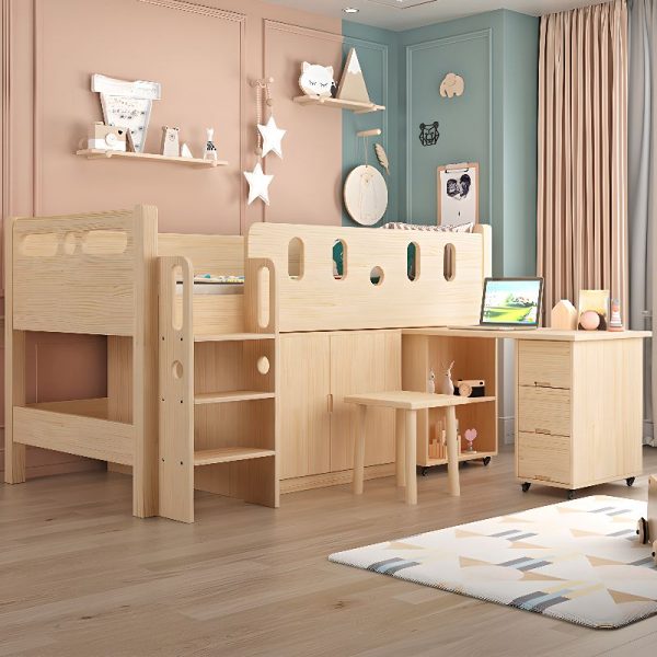 "Simple Pine Wood Kids Loft Bed in Wood Grain with Built-In Ladder & Guardrail for Gender Neutral"