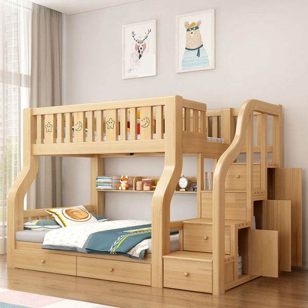 "Unfinished Children Bunk Bed with 6 Drawers, 3 Cabinets, Repository, Book Cabinet, Ladder, and Multiple Mattress Sizes"