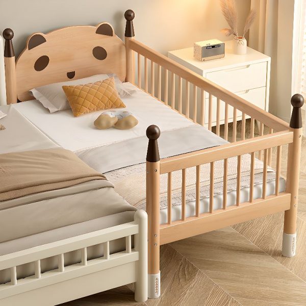 "Simple Style Wood Grain Natural Wood Standard Kids Bed with Coir Mattress, Headboard & Detachable Guardrails for Gender Neutral"