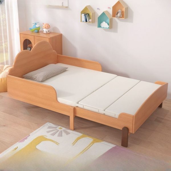 "Simple Pine Wood Standard Children Bed with Panel Headboard, Coir Mattress, Gender Neutral and Guardrail"