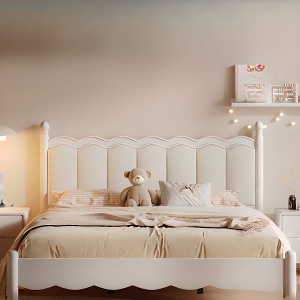 "White Simple Style Pine Wood Standard Kids Bed with Faux Leather, Headboard, Gender Neutral"