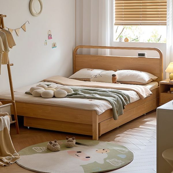 "Modern Timber Standard Kids Bed in Wood Color with Headboard, Underbed Storage and Trundle Bed Mattress for Gender Neutral"