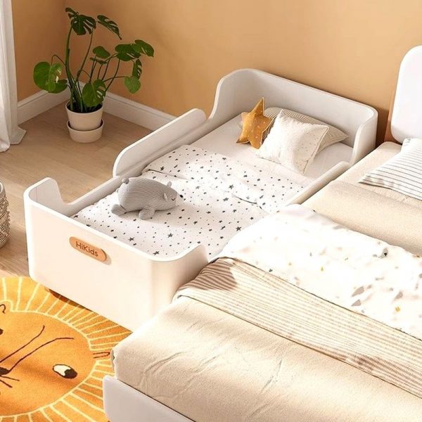 "White Modern Natural Wood Standard Children Bed with Coir Mattress, Gender Neutral Design, and Guardrail"