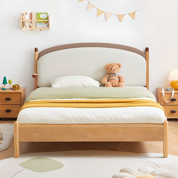 "Elegant Wood Color Contemporary Natural Wood Standard Kids Bed with PU Leather Upholstery and Sponge Filled Mattress, Headboard Included, Gender Neutral"