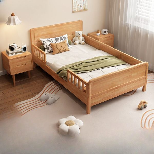 "Robust Wood Color Pine Wood Standard Kids Bed with Cotton Upholstery, Coir Mattress, Headboard, and Guardrail, Gender Neutral"