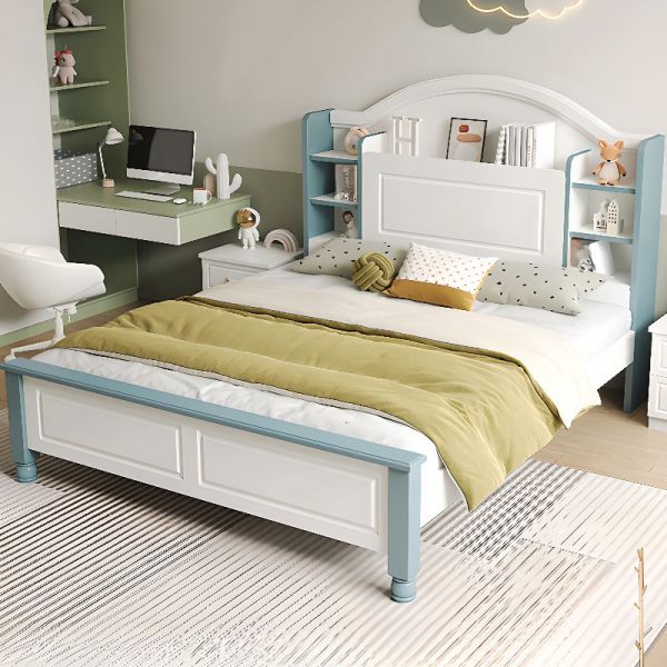 "Simple Pine Wood Standard Children Bed with Footboard, Coir Mattress, Gender Neutral, and Headboard Storage"