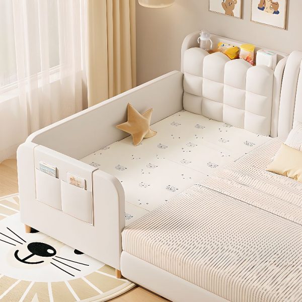 "White Wood Standard Kids Bed with Faux Leather, Coir Mattress, Guardrail & Headboard Storage, Gender Neutral"