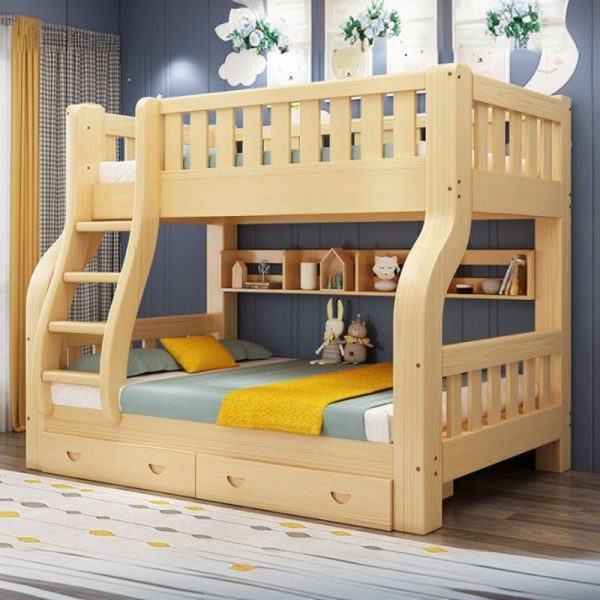 "Functional Unfinished Children Bunk Bed with Cotton Upholstery, 2 Drawers, Underbed Storage, Ladder, Headboard, and Book Cabinet"