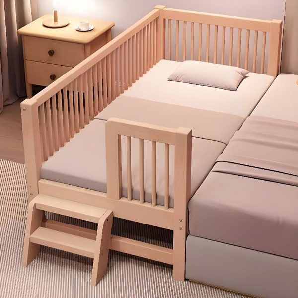 "Unfinished Color Standard Children Bed with Cotton Upholstery, Mattress, Headboard, Footboard, Ladder, and Guardrail"