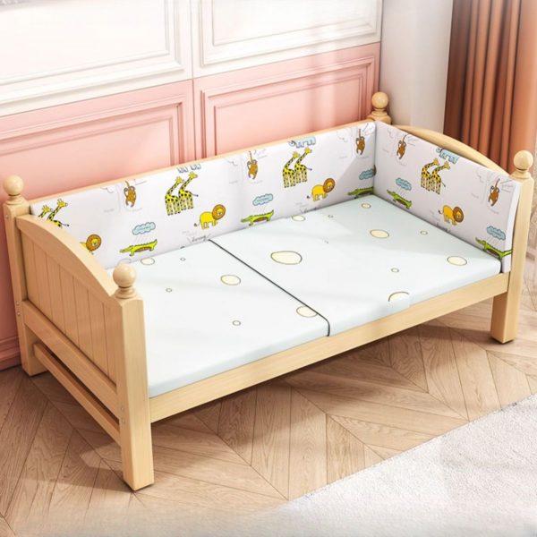 "Unfinished Color Pine Wood Standard Children Bed with Cotton Upholstery, Coir Mattress, Headboard, and Guardrail for Gender Neutral"