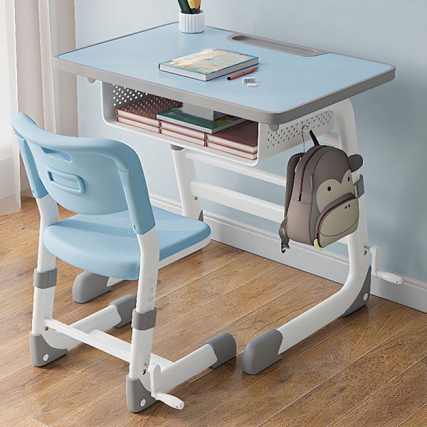 "Blue/Lime Green/Wood Grain Wood Kids Computer Desk with Adjustable Height, Storage & Shelf"