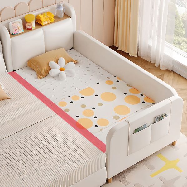 "White Timber Standard Children Bed with Artificial Leather, Footboard, Coir Mattress & Headboard Storage Guardrail Included"